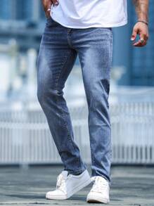 Jeans casuales de corte recto con ajuste regular y efecto desgastado para hombre - Azul - View 6