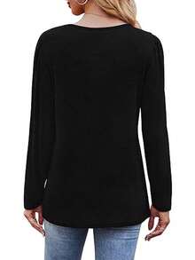 Chemisier à manches longues pour femmes, chemise décontractée mode automne avec plissé et ceinture à nouer - Noir - Voir 2