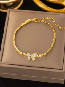 2pcs Set European And American Fashion Niche High-End Elegant Minimalist Metal Twist Clavicle Chain Necklace + Bracelet, White Butterfly Decor Stainless Steel Necklace & Bracelet