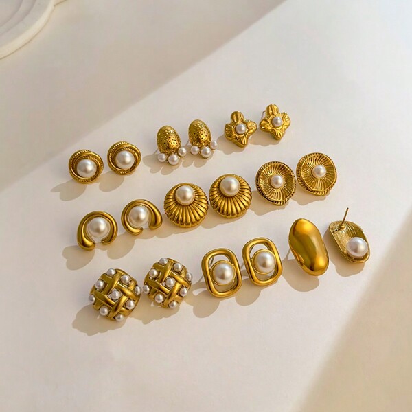 قرط أنيق للنساء بإثنين من اللؤلؤ الزائف من الفولاذ المقاوم للصدأ المطلي بالذهب