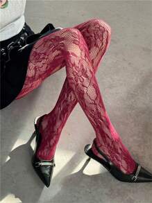 Y2K/Baddie Style Solid Color Lace Fishnet Hollow-Out Patterned Tights, Spring Summer - Burgundy - View 6