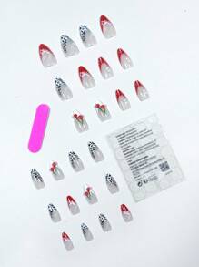 极简主义可爱白花绿边 3D 法式简约甜美 24 片中长杏仁形假指甲美甲套装，适合办公室女士、日常佩戴、约会、下午茶按压指甲美甲用品 - 彩色 - 查看 2