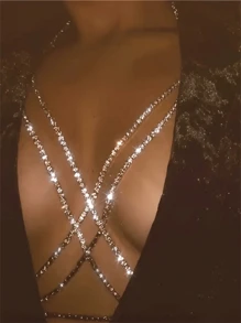 1 件闪亮水钻身体链，性感海滩/派对珠宝配饰，女士时尚贴身衣物装饰品