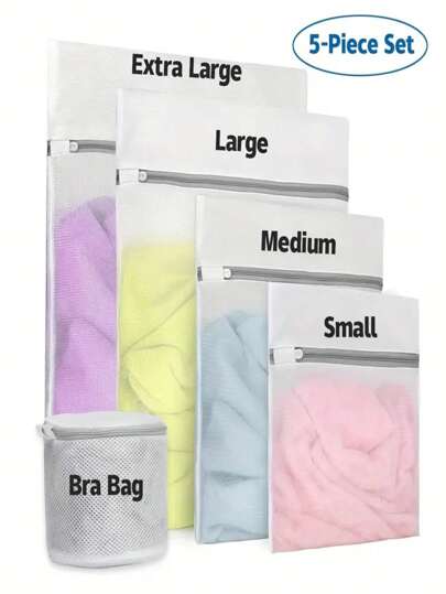 Set de 5 bolsas de malla para la colada, aptas para prendas delicadas, bolsa de lavandería para lavadora, organizador de almacenamiento para viajes, bolsa de lavado dedicada a la lavadora, bolsa de lavado anti-deformación apta para ropa interior, sostenes, calcetines, almacenamiento para viajes, decoración de habitación, decoraciones, decoraciones, decoración, almacenaje, organizador de vestidos, pantalones, zapatos, vaqueros, botas, faldas, primavera, minimalista, tops de verano