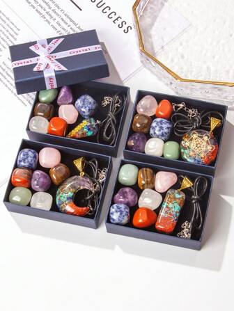 8pcs/Set Natural Crystal Gift Set -7pcs Chakra Polished Tumble Crystal T& Orgone Resin Pendant, For Energy Balancing & Meditation