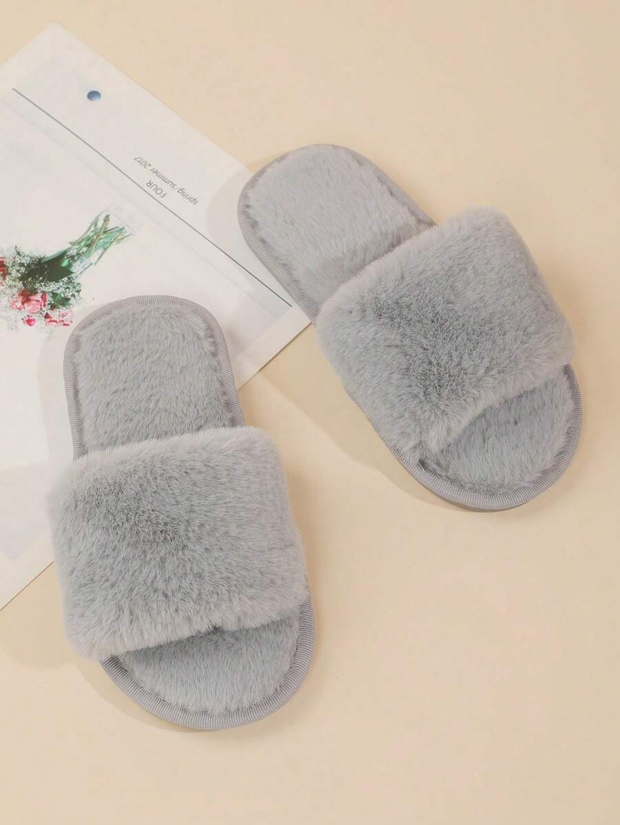 Children Fashionable Comfy Versatile Indoor Fluffy Slip-On Grey Slippers - Grey - View 1