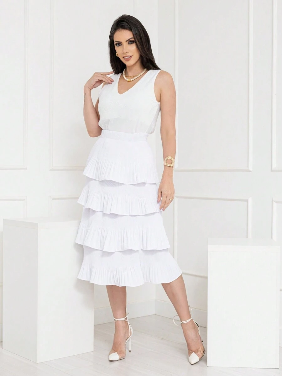 Women's Pleated Midi Skirt In Dune Fabric - 白色 - 查看 1