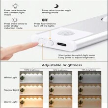 20 厘米/40 厘米/50 厘米/60 厘米 LED 橱柜下灯，带运动传感器和变色条，超薄智能厨房台面灯，带可充电电池和身体传感器，自粘式无线无绳灯，适用于橱柜、鞋架、入口通道，3 种颜色，室内外装饰照明，厨房、卧室、衣柜必备家居必需品 - 白光*中性光*暖光 - 查看 9