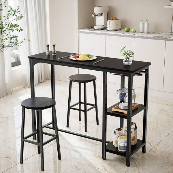 Asofer Tavolo da bar con set di sgabelli da bar, set tavolo da pub con 2 sgabelli, 2 ripiani e portabicchieri, set tavolo da bar per 2 persone, per cucina, soggiorno, sala da pranzo, nero, Idee per San Valentino