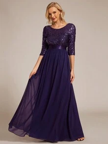 Contrast Color Sequin Corset Chiffon Formal Gown - Purple - View 1