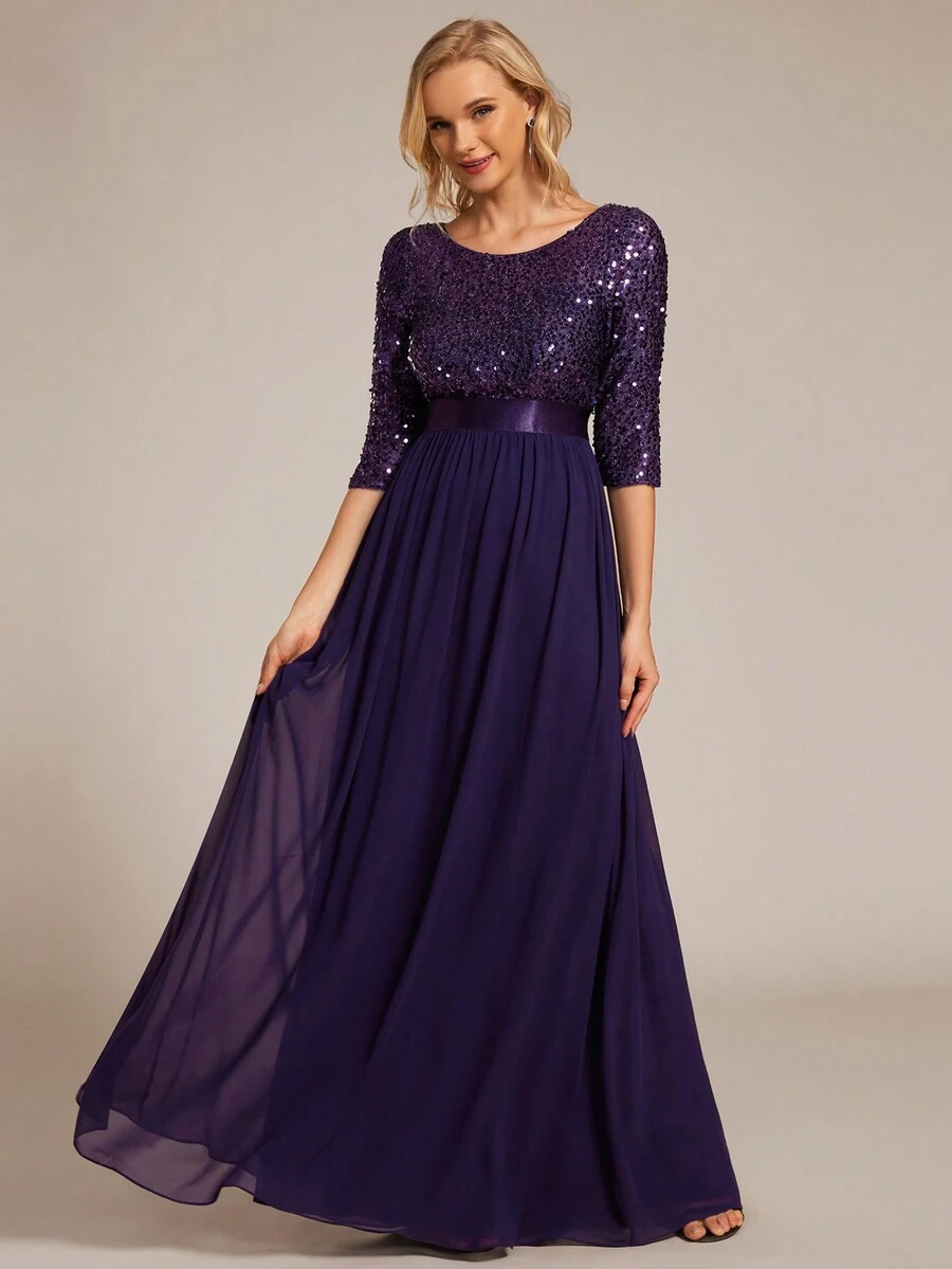 Contrast Color Sequin Corset Chiffon Formal Gown - Purple - View 1