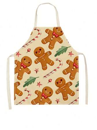 1pc Trees And Gingerbread Man Merry Christmas Linen Apron,Kitchen,Bathroom,Home,Household Supplies