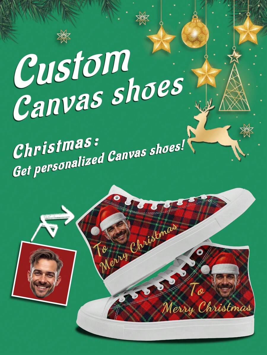 1 Paar Weihnachtsgeschenk Individuell gestaltete High Top Sneaker, Personalisierte Weihnachtsmütze Foto Sneaker, Individuell gestaltete Weihnachtsgeschenk Sneaker mit dicker Sohle, Personalisierte Weihnachtsmann High Top Segeltuch Schuhe, Weihnachtsmütze Foto Sneaker, Personalisierte Sneaker für Damen und Herren, Personalisierte Sport- und Freizeitschuhe, Weihnachtsgeschenk für Mutter/Vater/Sie/Ihn/Freundin/Freund/Ehefrau/Ehemann/Freund - Weiss - Übersicht 1