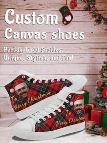 1 Paar Weihnachtsgeschenk Individuell gestaltete High Top Sneaker, Personalisierte Weihnachtsmütze Foto Sneaker, Individuell gestaltete Weihnachtsgeschenk Sneaker mit dicker Sohle, Personalisierte Weihnachtsmann High Top Segeltuch Schuhe, Weihnachtsmütze Foto Sneaker, Personalisierte Sneaker für Damen und Herren, Personalisierte Sport- und Freizeitschuhe, Weihnachtsgeschenk für Mutter/Vater/Sie/Ihn/Freundin/Freund/Ehefrau/Ehemann/Freund - Weiss - Übersicht 4