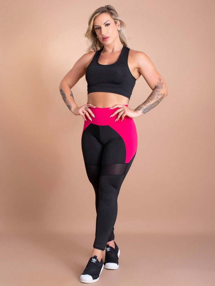 Women's Fitness Set High Waist Leggings With Detail And Plain Basic Swim Top Gym Fashion F7 NEW STYLE - Hồng - Xem 1
