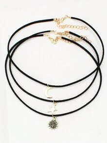 3 piezas Conjunto de collares de cuerda de cera con estrellas, luna y sol para mujeres - Estilo 1 - Ver 6