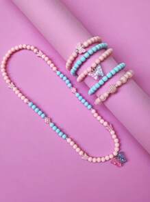6pcs Girls Pearls Bear Butterfly Heart Animals Necklace And Bracelet Set - Bướm hồng và xanh - Xem 3