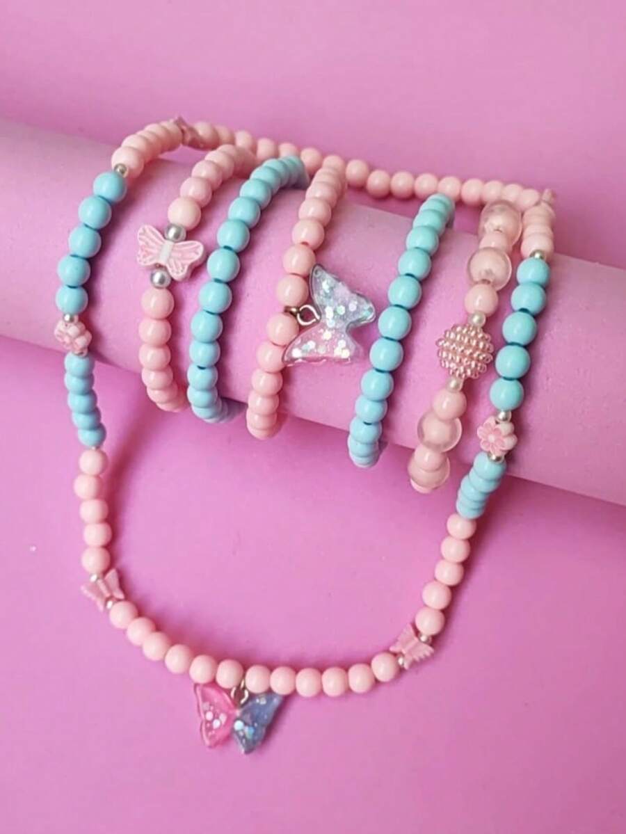 6pcs Girls Pearls Bear Butterfly Heart Animals Necklace And Bracelet Set - Bướm hồng và xanh - Xem 1