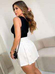 Solid Double Pleated Beltless Button Up Skirt With Lining - 白色 - 查看 2