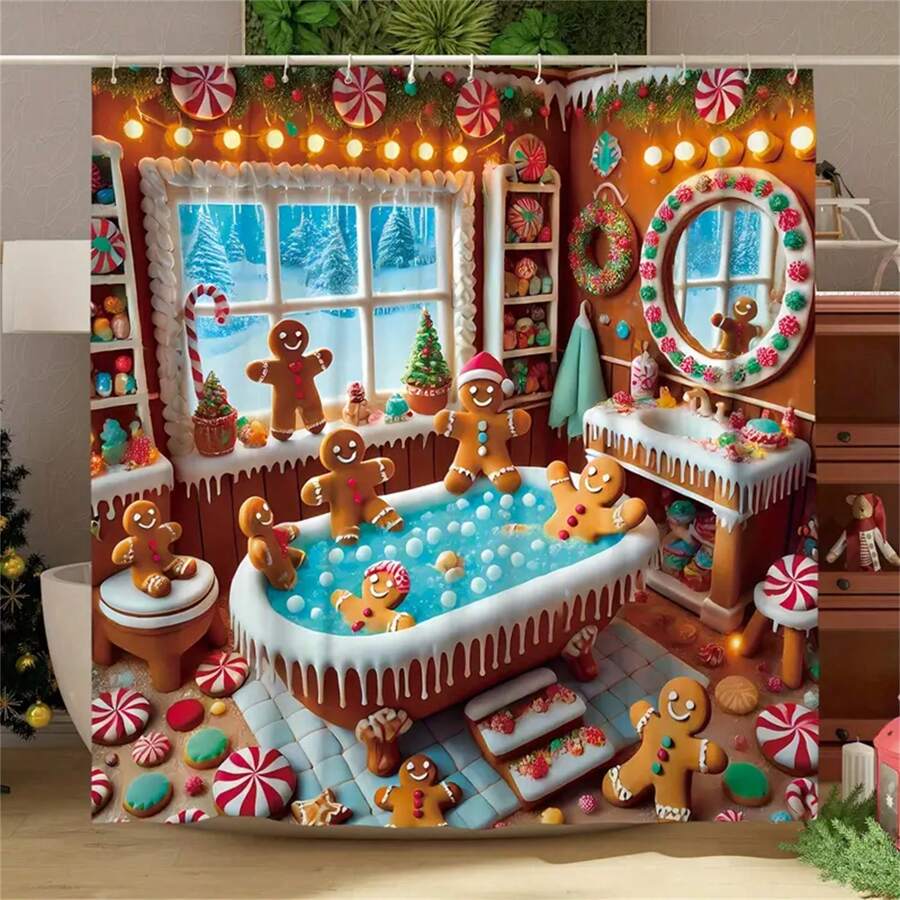 1 tấm rèm tắm Giáng sinh mùa đông kẹo mía bánh gừng màu đỏ xanh lá cây vui nhộn, polyester chống thấm nước có thể giặt bằng máy cho phòng tắm hoặc vòi hoa sen trang trí phòng tắm hoặc phòng tắm với 12 móc trang trí phòng tắm gia đình mùa hè - Nhiều màu - Xem 1