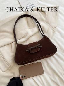1 pieza Bolso de hombro de tela de unicolor para mujer, bolso bandolera de silla de montar de moda retro con decoración de lazo, cierre con hebilla y asas dobles, adecuado para uso diario y al aire libre, bolso, bolso de inspiración retro para mujer