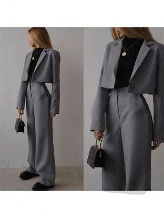 2 Stücke modischer einfarbiger Damen Anzug, Jacke mit einem Knopf und langem Ärmel und Hosen Set