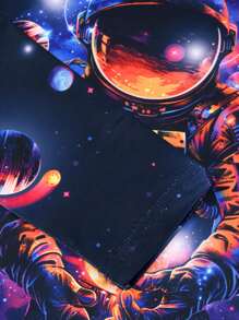 Set de 2 piezas Pijama con cuello redondo y estampado de astronauta para niños pequeños, brilla con luz UV, ropa de estar en casa para niños, para todas las estaciones - Multicolor - Ver 7