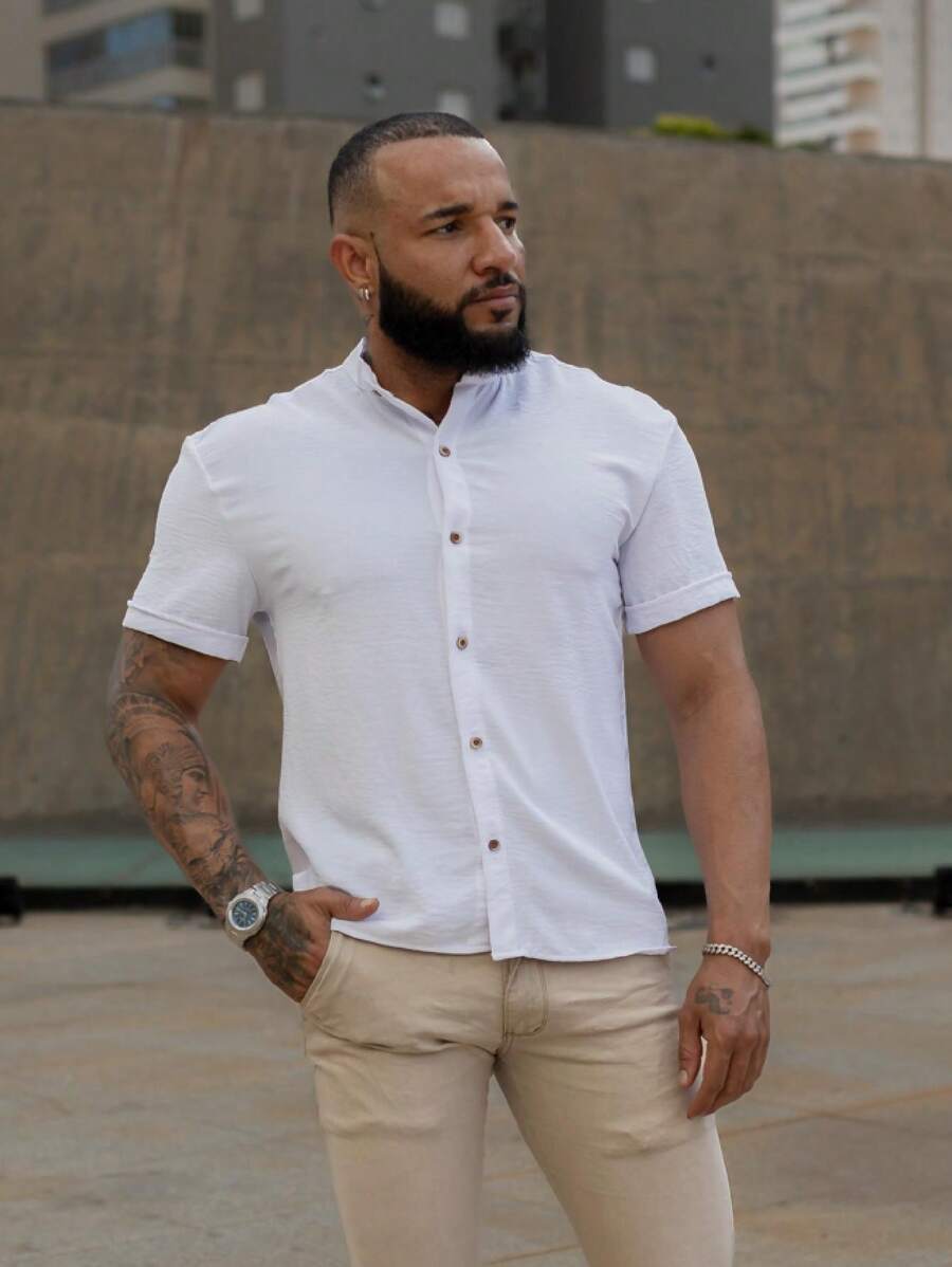 Men's Shirt With Priest Collar - 白色 - 查看 1