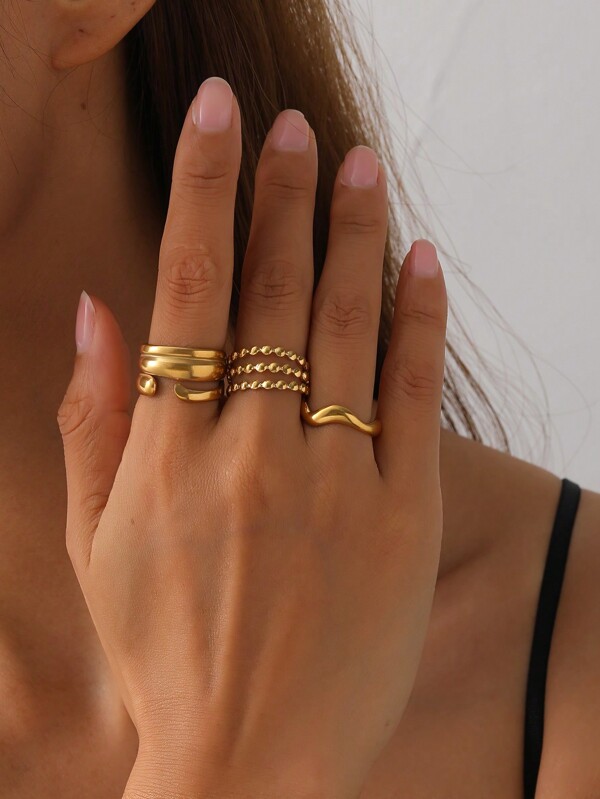Dellgoo Vintage Minimalist Stainless Steel Gold Color Openable Adjustable Wave Polka Dot Ring Set