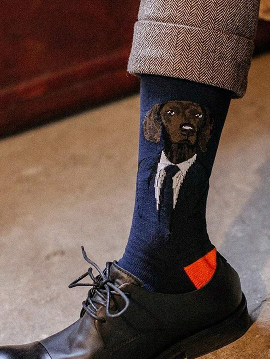 1pair Unisex Cartoon Retro British Gentleman Patterned Mid-Calf Socks, Featuring Doggy Design, Suitable For All Seasons, Fall - Multicolor - View 1