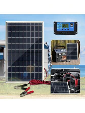 Portable Solar Panel Kit With Charging Controller -1 Solar Charging Panel Suitable For RVs, Camping, Hiking, Cars, Boats, Telephones, Outdoor Lighting, Monitoring, Pet Shelters - Including Cables, USB 5V Output, Multiple Power Options