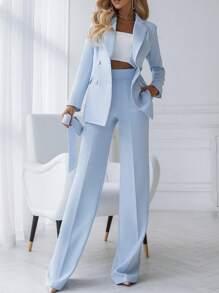 Spring & Fall Solid Color Notched Lapel Double-Breasted Pocket Straight Leg Suit Pants - Blue - View 1