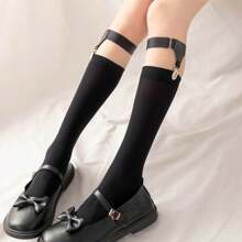Street 2pcs Women's Elastic Polyester Pu Leather Leg Garter With Adjustable Buckles, Anti-Slip Clips And Double Metal Suspender Straps For Thigh High Stockings Halloween Summer, School