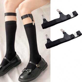 Street 2pcs Women's Elastic Polyester Pu Leather Leg Garter With Adjustable Buckles, Anti-Slip Clips And Double Metal Suspender Straps For Thigh High Stockings Halloween Summer, School Fall, Autumn, Halloween