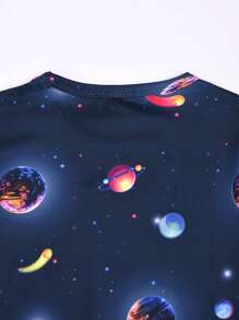 Set de 2 piezas Pijama con cuello redondo y estampado de astronauta para niños pequeños, brilla con luz UV, ropa de estar en casa para niños, para todas las estaciones - Multicolor - Ver 5