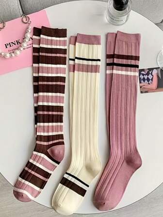3pairs Women Pink Striped Knee High Socks, Versatile School/Winter Style, Y2k, Cozy
