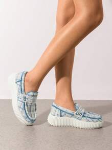 Women Sneakers Casual Shoes Chunky Platform Printed Textile Slip On Versatile Fashionable Sneakers Outdoor Commuting Comfort Work Shoes For All Seasons - 藍色 - 查看 2
