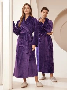 1pc Extra Long Flannel Bathrobe, Adult Flannel Bathrobe, Thermal Lined, Suitable For Hotels, Spas, Beauty Salons, Absorbent & Quick Dry, Loose Fit, Multiple Colors, Minimalist Design, Bathroom & Home Essentials - Multicolor - View 26