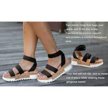 Athlefit Women's Chic Wedge Sandals Platform Sandals Cork Elastic Strap Sandals Comfortable Hybrid Platform Sandals Effortless Summer Style - màu đen - Xem 5