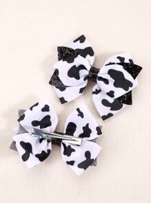 2 件装女童奶牛图案蝴蝶结发夹，可爱奶牛彩色发夹，儿童黑白发夹发饰 - 彩色 - 查看 4