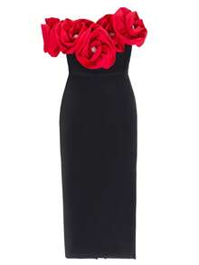 Women Elegant Contrast 3D Floral Bodycon Bandage Black Formal Evening Dress, Wedding Event Dress, Cocktail Semi Formal Prom Dress, Festival Wear,Old Money Dress,For Birthday, Wedding Guest, Graduation, Dinner, Homecoming New Year Eve