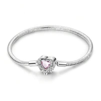 Original Silver Plated Bracelet 17-20CM Fit DIY Charms Pink Heart Locket Charm Bracelet Zirconia Love Snake Chain Bracelets Jewelry Gifts Valentines,Mom,Mother,Mother's Day,Gift