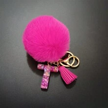 Llavero con pompón de peluche y piedra rosa en forma de letra, decoración para bolso, accesorio de estilo, regalo, recuerdo, accesorio para coche, dije para bolso, accesorios escolares, gótico, Y2K