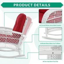 VIVIJASON Outdoor White Wicker Rocking Chair, Patio Rattan Rocker Chair With Steel Frame, Rocking Lawn Chair Patio Furniture - Red - View 3