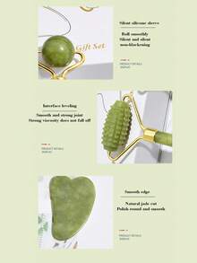 Bộ 3 con lăn massage bằng ngọc bích thiên nhiên dùng cho mặt, cơ thể, lưng, chân, nâng cơ mặt, chống nhăn, có 2 đầu là đá ngọc bích Gua Sha - màu xanh lá - Xem 2