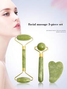 Bộ 3 con lăn massage bằng ngọc bích thiên nhiên dùng cho mặt, cơ thể, lưng, chân, nâng cơ mặt, chống nhăn, có 2 đầu là đá ngọc bích Gua Sha - màu xanh lá - Xem 9