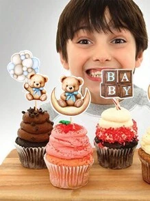 12 Peças Toppers de Cupcake de Urso para Chá de Bebê, Decorações de Festa de Chá de Bebê com Tema de Urso, Decorações de Bolo de Festa de Chá de Bebê com Tema de Animais da Selva, Presentes de Decoração Doméstica para Festa de Chá de Bebê Azul - Multicolorido - Visão 9