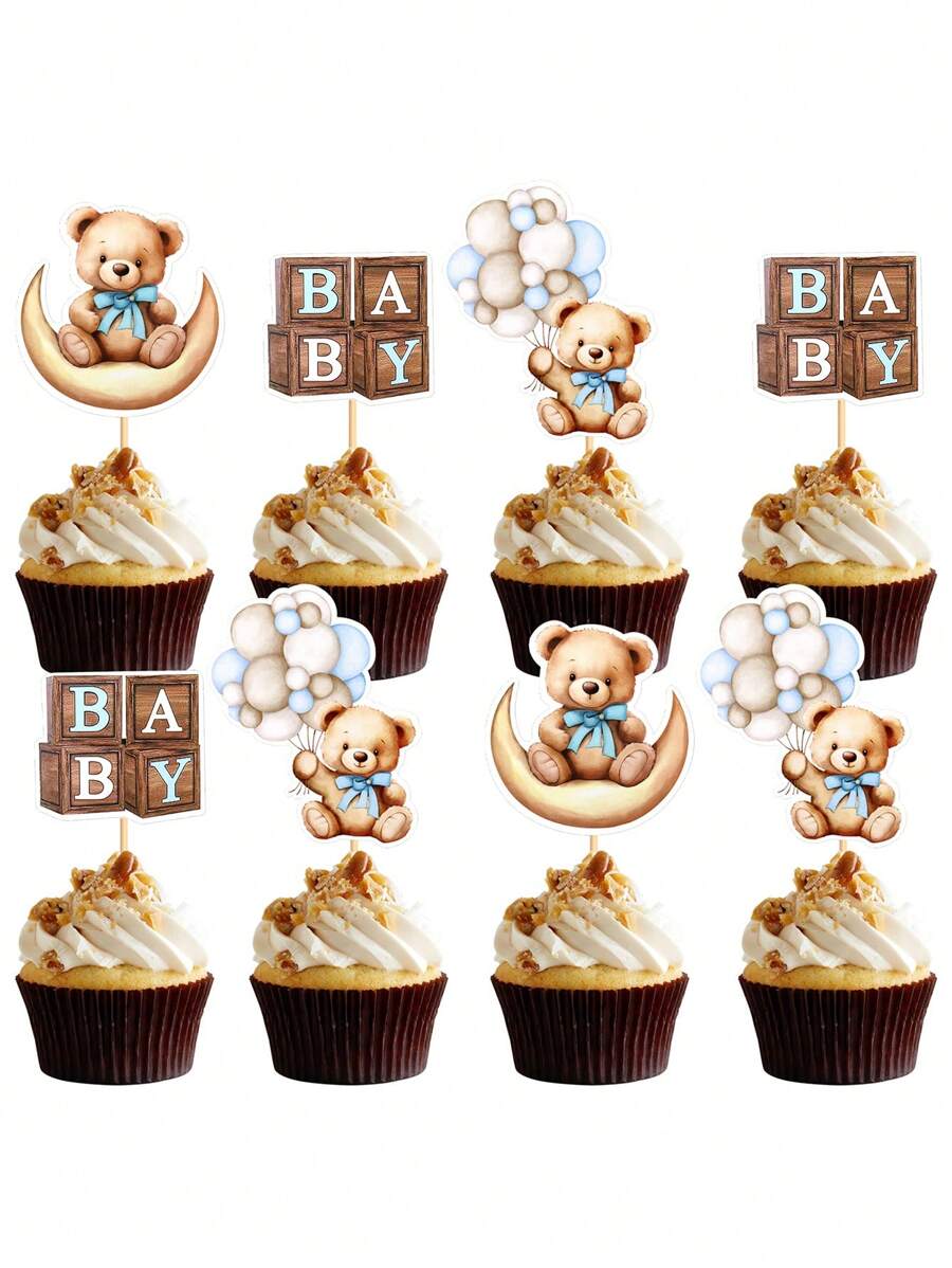 12 Peças Toppers de Cupcake de Urso para Chá de Bebê, Decorações de Festa de Chá de Bebê com Tema de Urso, Decorações de Bolo de Festa de Chá de Bebê com Tema de Animais da Selva, Presentes de Decoração Doméstica para Festa de Chá de Bebê Azul - Multicolorido - Visão 1