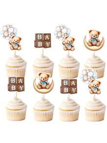 12 Peças Toppers de Cupcake de Urso para Chá de Bebê, Decorações de Festa de Chá de Bebê com Tema de Urso, Decorações de Bolo de Festa de Chá de Bebê com Tema de Animais da Selva, Presentes de Decoração Doméstica para Festa de Chá de Bebê Azul - Multicolorido - Visão 2