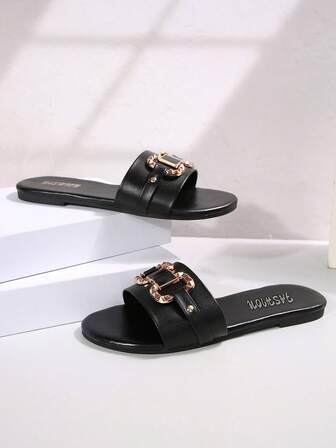 大码女式黑色圆头平底凉鞋，休闲轻便拖鞋，适合日常穿着，夏季